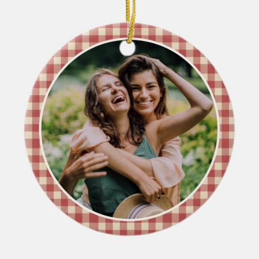 Rustic Red Gingham Foto Moderne Kerstmis Keramisch Ornament (Voorkant)