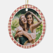 Rustic Red Gingham Foto Moderne Kerstmis Keramisch Ornament (Links)