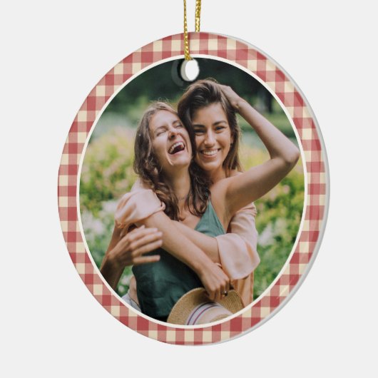 Rustic Red Gingham Foto Moderne Kerstmis Keramisch Ornament (Links)