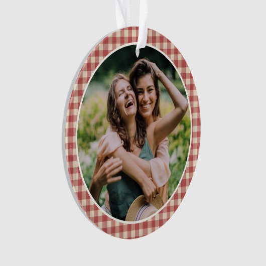 Rustic Red Gingham Foto Moderne Kerstmis Ornament (voorkant)