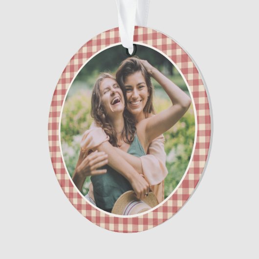 Rustic Red Gingham Foto Moderne Kerstmis Ornament (voorkant)