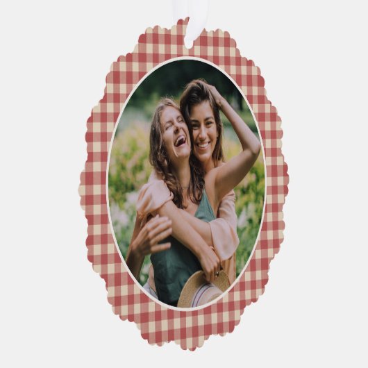 Rustic Red Gingham Foto Moderne Kerstmis Ornament Kaart (Rechts)