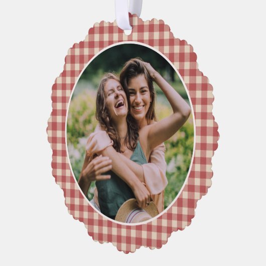 Rustic Red Gingham Foto Moderne Kerstmis Ornament Kaart (Links)