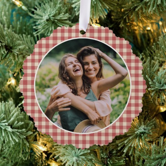 Rustic Red Gingham Foto Moderne Kerstmis Ornament Kaart (Insitu (Drie))