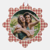 Rustic Red Gingham Foto Moderne Kerstmis Ornament Kaart (Voorkant)