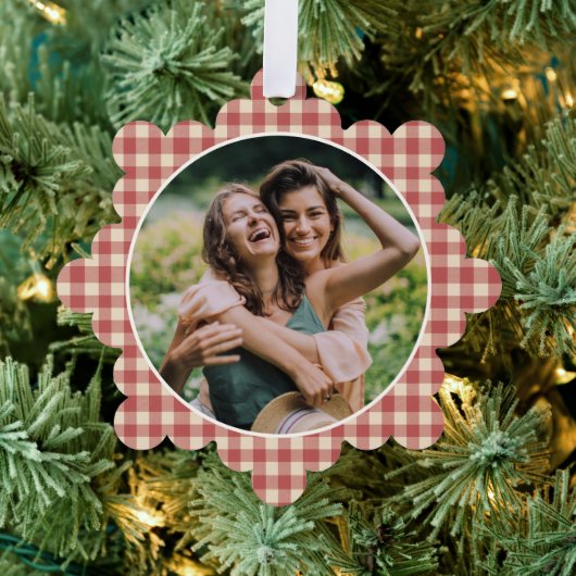 Rustic Red Gingham Foto Moderne Kerstmis Ornament Kaart (Insitu (Drie))
