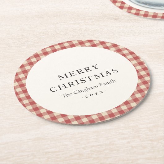 Rustic Red Gingham Modern Kerstmis Ronde Kartonnen Onderzetter (Gebogen)
