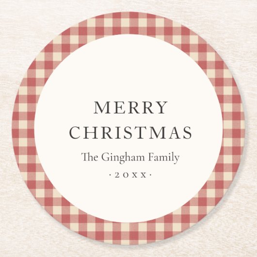 Rustic Red Gingham Modern Kerstmis Ronde Kartonnen Onderzetter (Voorkant)