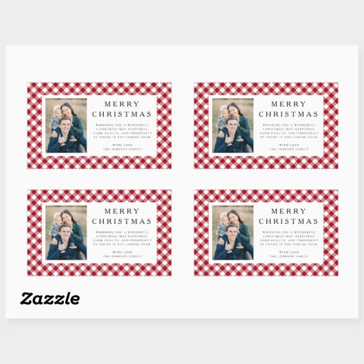 Rustic Red Gingham Photo Christmas Rechthoekige Sticker (Vel)
