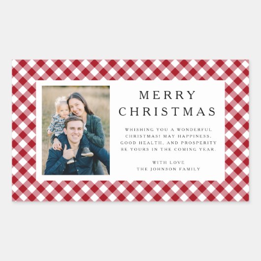 Rustic Red Gingham Photo Christmas Rechthoekige Sticker (Voorkant)