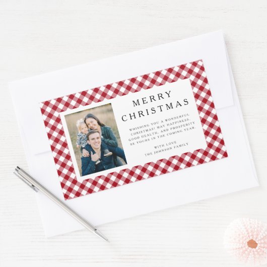 Rustic Red Gingham Photo Christmas Rechthoekige Sticker (Envelop)