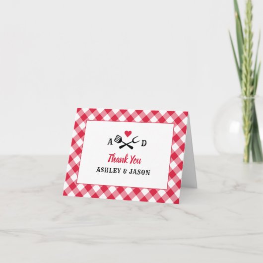 Rustic Red Gingham Pset BBQ Wedding Monogram Bedankkaart (Voorkant)