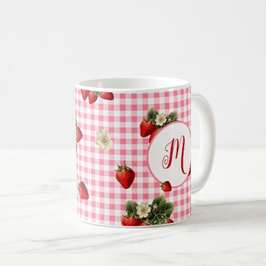 Rustic Red Gingham Strawberry Custom Monogram Koffiemok (Voorkant rechts)