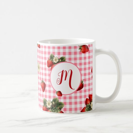 Rustic Red Gingham Strawberry Custom Monogram Koffiemok (Rechts)