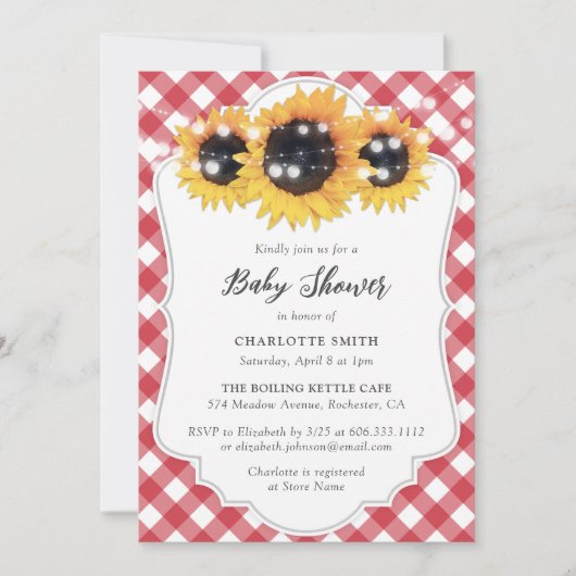 Rustic Red Gingham Sunflower Baby shower Kaart (Voorkant)