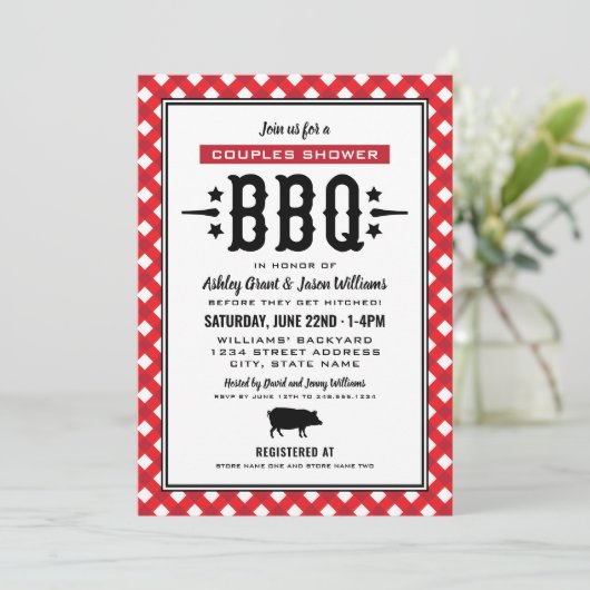 Rustic Red Gingham Wedding Couples Shower BBQ Kaart (Staand voorkant)