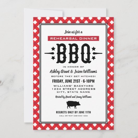 Rustic Red Gingham Wedding Rehearsal Dinner BBQ Kaart (Voorkant)