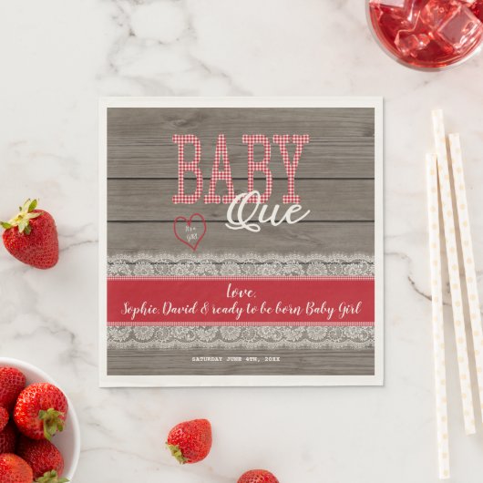Rustic Red Gingham Wood Boy Baby shower BBQ Servetten (Insitu)