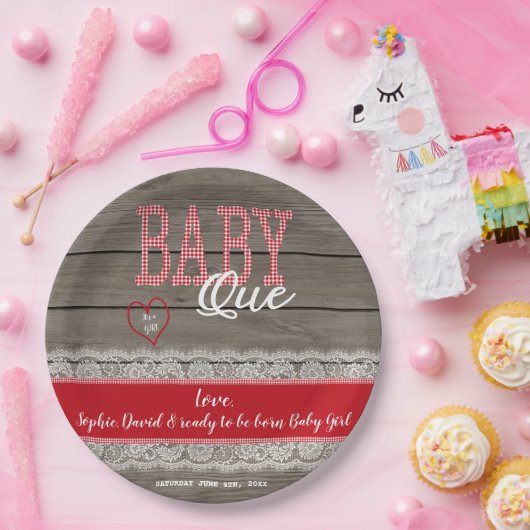 Rustic Red Gingham Wood Girl Baby shower BBQ Papieren Bordje (Feest)