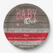 Rustic Red Gingham Wood Girl Baby shower BBQ Papieren Bordje (Voorkant)