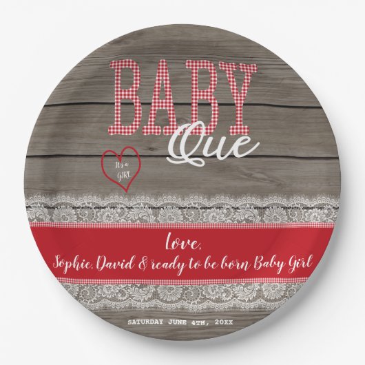 Rustic Red Gingham Wood Girl Baby shower BBQ Papieren Bordje (Voorkant)