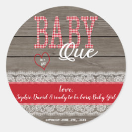 Rustic Red Gingham Wood Girl Baby shower BBQ Ronde Sticker