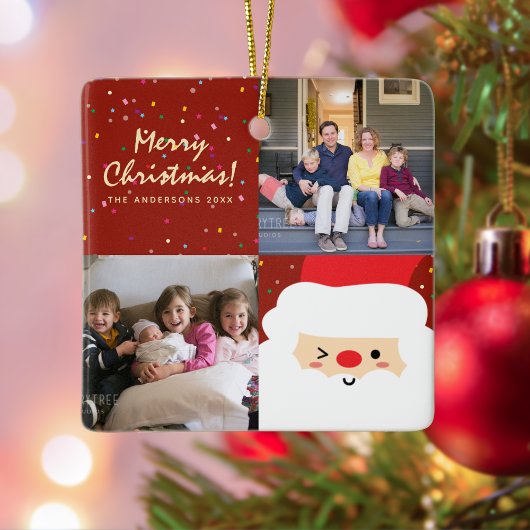 Rustic Red & Gold Kerstkerstkerstkerstman en famil Keramisch Ornament