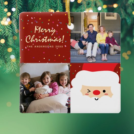 Rustic Red & Gold Kerstkerstkerstkerstman en famil Keramisch Ornament