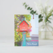 Rustic Red Green Birdhouse New Address Moving Briefkaart (Staand voorkant)