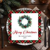 Rustic Red Green Plaid Christmas Wreath Napkins Servet