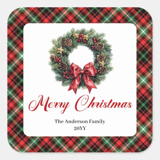 Rustic Red Green Plaid Christmas Wreath Sticker  (Voorkant)