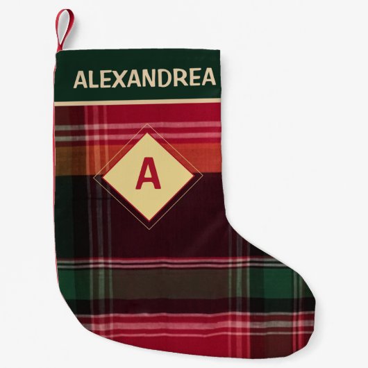 Rustic Red Green Plaid Diamond Monogram Aangepast Kleine Kerstsok (Voorkant)