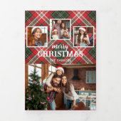 Rustic Red/Green Plaid Merry Christmas 4-Photo Drieluik Kaart (Cover)