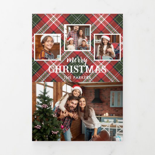 Rustic Red/Green Plaid Merry Christmas 4-Photo Drieluik Kaart (Cover)