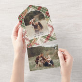Rustic Red Green Plaid w/Holly Arch 1 Foto All In One Uitnodiging (Afscheurbaar)