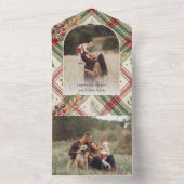 Rustic Red Green Plaid w/Holly Arch 1 Foto All In One Uitnodiging (Binnen)