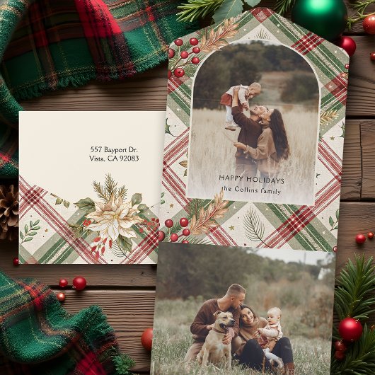 Rustic Red Green Plaid w/Holly Arch 1 Foto All In One Uitnodiging