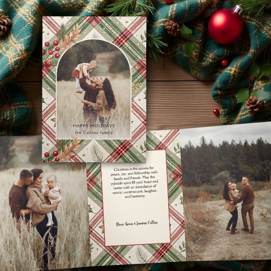 Rustic Red Green Plaid w/Holly Arch 1 Foto Drieluik Kaart