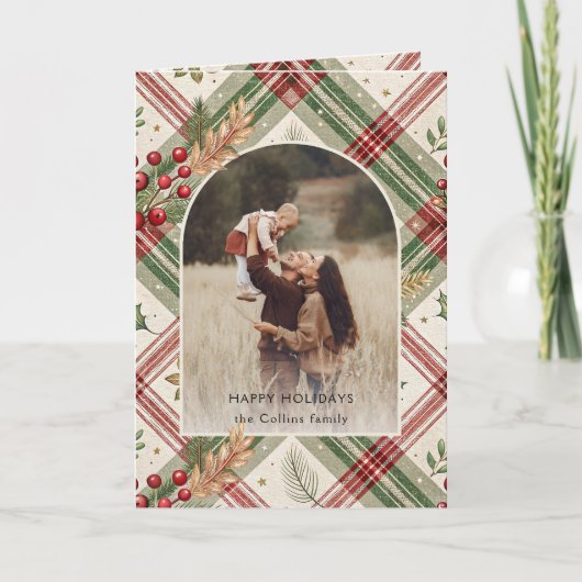 Rustic Red Green Plaid w/Holly Arch 1 Foto Feestdagen Kaart (Voorkant)