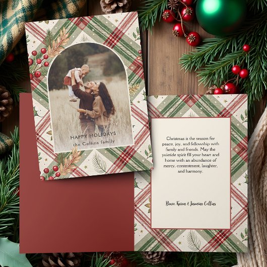 Rustic Red Green Plaid w/Holly Arch 1 Foto Feestdagen Kaart