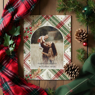 Rustic Red Green Plaid w/Holly Arch 1 Foto Feestdagenkaart