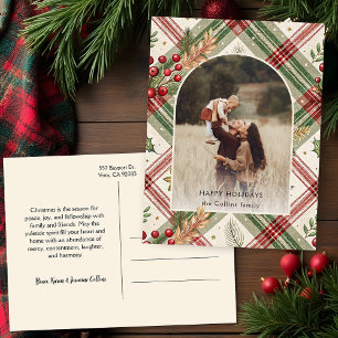 Rustic Red Green Plaid w/Holly Arch 1 Foto Feestdagenkaart