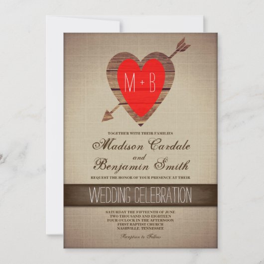Rustic Red Heart Arrow Country Wedding Invites Kaart (Voorkant)