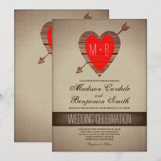 Rustic Red Heart Arrow Country Wedding Invites Kaart (Voorkant / Achterkant)
