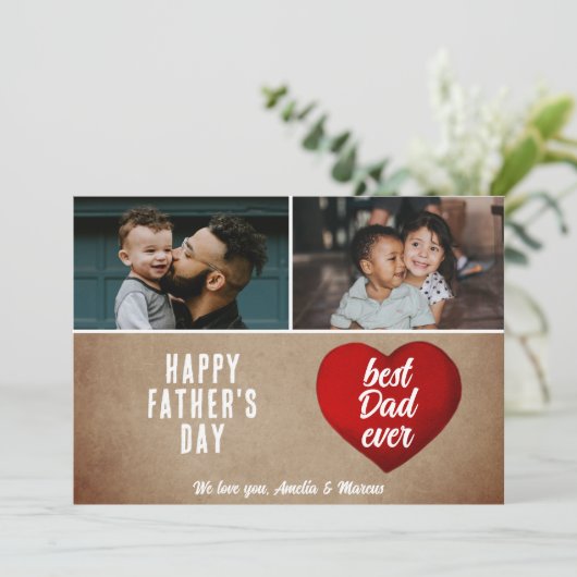 Rustic Red Heart Beste vader ooit papa 2 Foto Kaart (Staand voorkant)