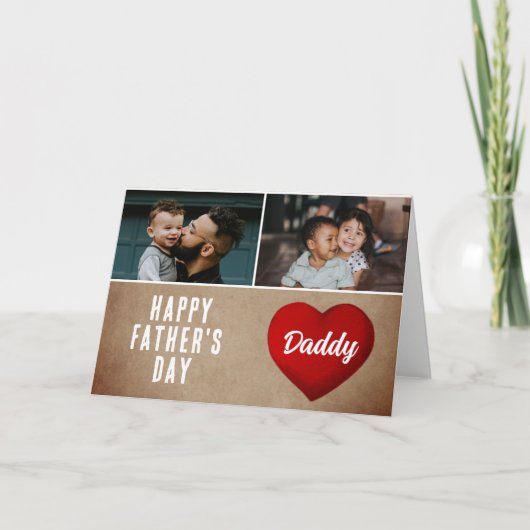 Rustic Red Heart Happy Vaderdag Dad 2 Foto Kaart (Voorkant)
