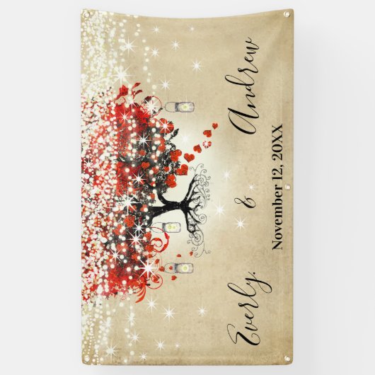 Rustic Red Heart Leaf Tree op Black Wedding Spandoek (Verticaal)