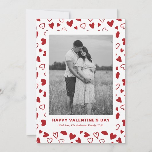 Rustic Red Hearts Pattern One Photo Valentines Day Feestdagenkaart (Voorkant)