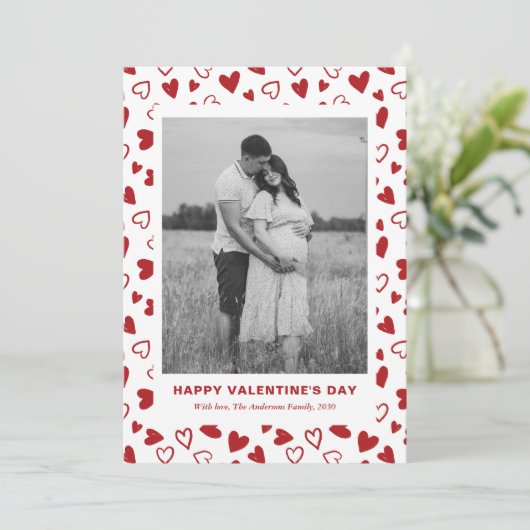 Rustic Red Hearts Pattern One Photo Valentines Day Feestdagenkaart (Staand voorkant)