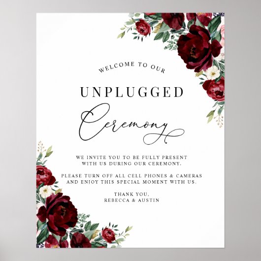 Rustic Red Herfst Floral Wedding Unplugged Ceremon Poster (Voorkant)